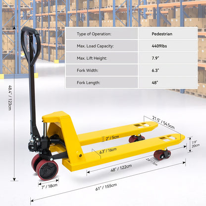 4400Lbs Manual Pallet Jack with Hydraulic Lift & Heavy-Duty Steel Frame - Hand- Forklift Suitable for Warehouse, Home, Moving Furniture, Refrigerator - Epoxy-Coated, Reinforced Forks & PU Wheels