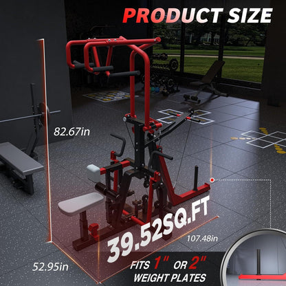 3-in-1 LAT Pull Down Scissor-Style feat Seated Row & Tricep Machine, Back Workout Plate Loaded Machine, LAT Tower with Cable Row Attachment, Home Gym Pulley System Machine