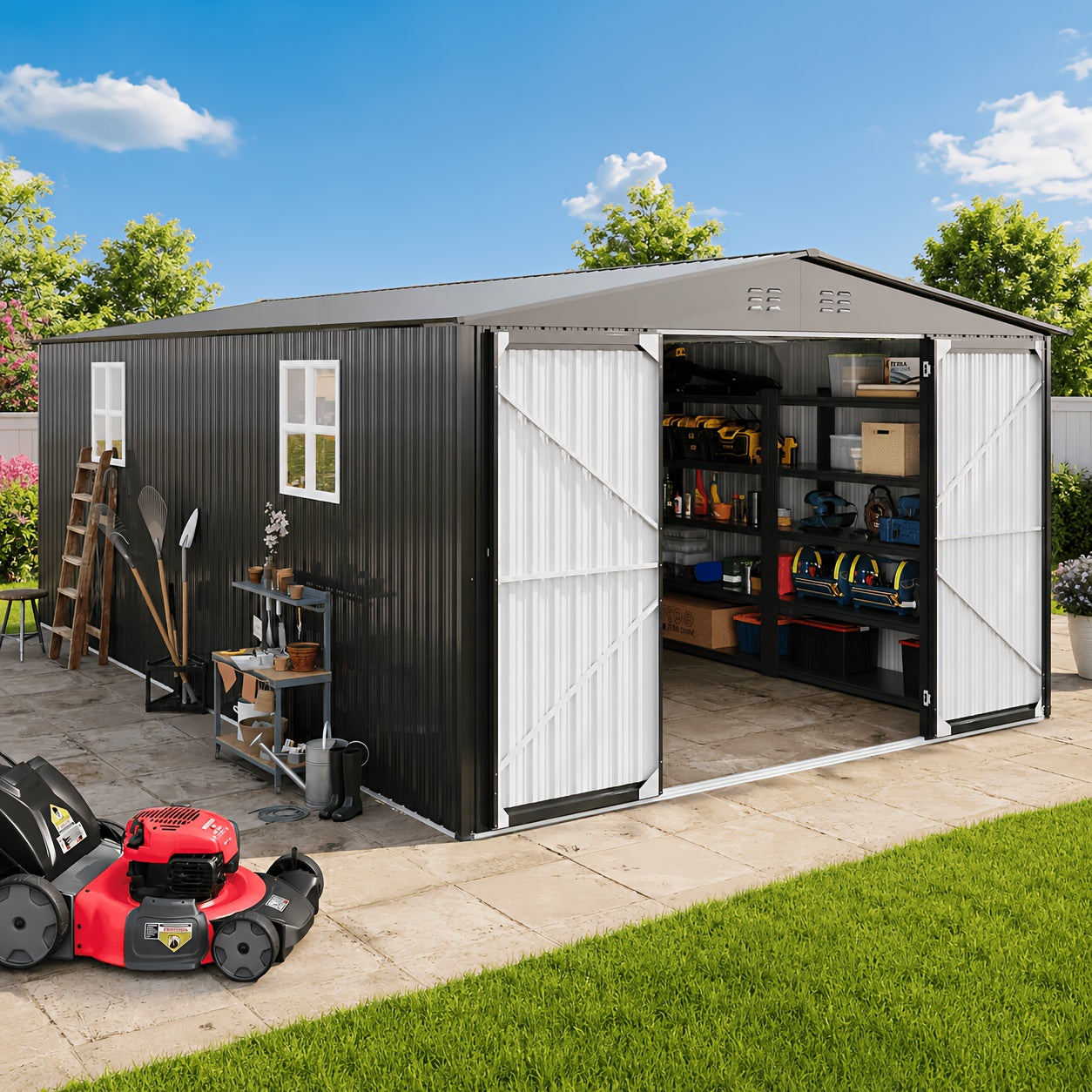 12ft. X 20ft. Metal Storage Shed with Sloped Roof And Lockable Door, Black