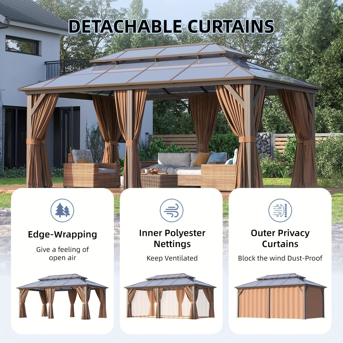 12'X20' Hardtop Gazebo, Aluminum Frame Permanent Pavilion with Curtains And Netting, Outdoor Polycarbonate Double Roof Canopy, for Patio, Lawns, Garden