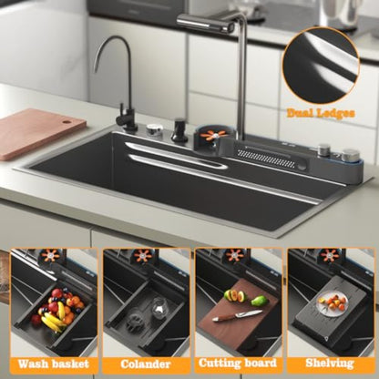 33x22x10in Black Smart Kitchen Sink Digital Display Ambient Light Multifunction Waterfall Kitchen Sinks 8 Gauge Metal Black Stainless Steel Single Bowl Workstation Sink with Soap Dispenser