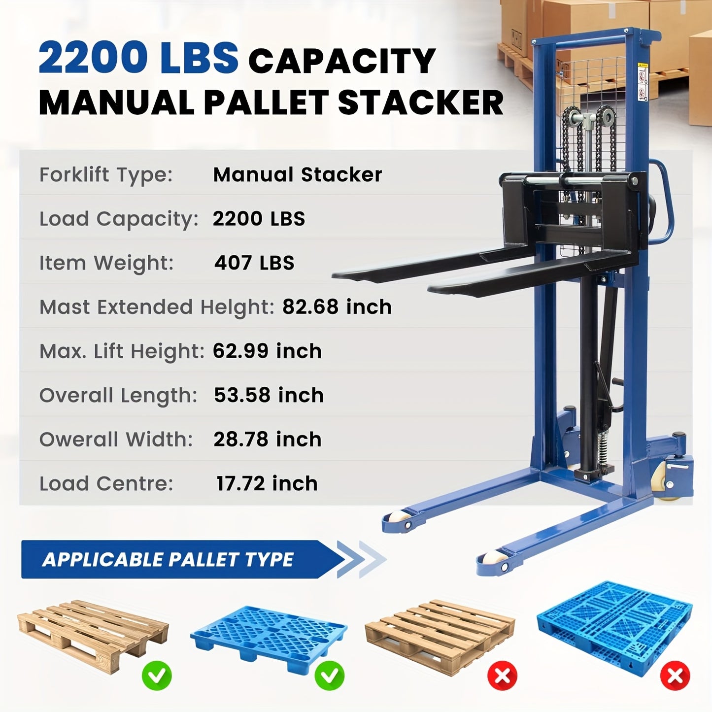 Industrial Heavy-Duty 2200lbs Manual Hydraulic Pallet Stacker | Adjustable Lift Height 3.78"-63" | Fixed Legs & Blue Metal Grid Design | Adjustable Forks For Open Bottom/Block Pallets | Ideal For Warehouses, Factories & Industrial Use