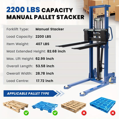 Industrial Heavy-Duty 2200lbs Manual Hydraulic Pallet Stacker | Adjustable Lift Height 3.78"-63" | Fixed Legs & Blue Metal Grid Design | Adjustable Forks For Open Bottom/Block Pallets | Ideal For Warehouses, Factories & Industrial Use