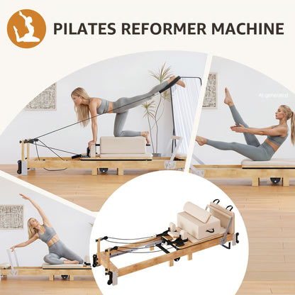 Pilates Reformer Machine, 97"L Foldable Studio Grade Pilates Equipment for Gym And Home, Oak Wood Pilates Reformer with Versatile Reformer Additions