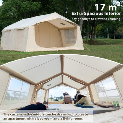 186Sqft Inflatable Camping Tent with Hand Pump Easy Setup Outdoor Air Tent 4 Seasons Glamping Cabin House with Windows And Door