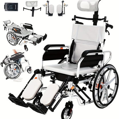 4-in-1 Reclining Wheelchairs, Waterproof Shower Bathroom Wheelchair, Transport Wheelchairs with Elevating Leg Rests And Potty- 18.5" Wide Seat Heavy Duty Recliner Wheel Chair for Seniors & Adults