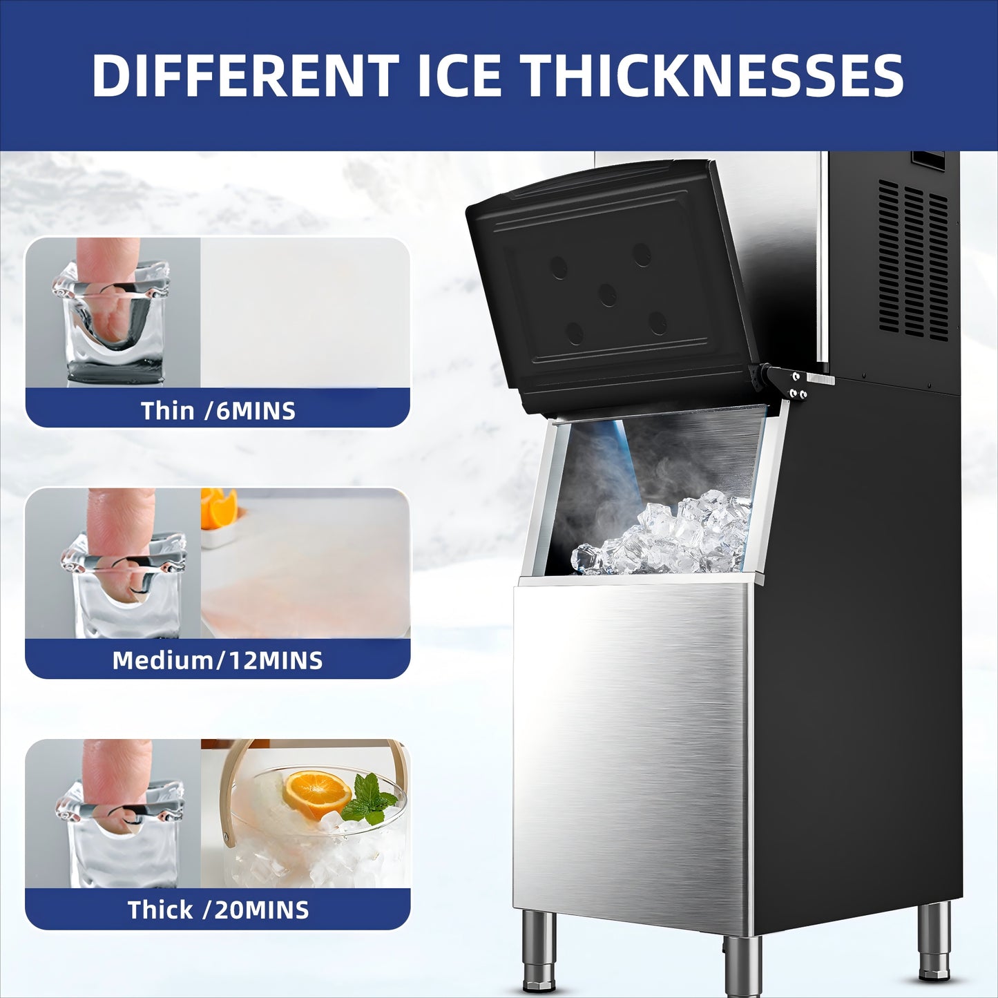 Industrial Ice Maker with a Capacity of 400 Pounds Per Day, Featuring a 250-Pound Storage Bin, Producing Ice in 8 to 15 Minutes, Made of Stainless Steel, Suitable for Bars, Cafes, Restaurants, And Businesses