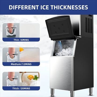 Industrial Ice Maker with a Capacity of 400 Pounds Per Day, Featuring a 250-Pound Storage Bin, Producing Ice in 8 to 15 Minutes, Made of Stainless Steel, Suitable for Bars, Cafes, Restaurants, And Businesses