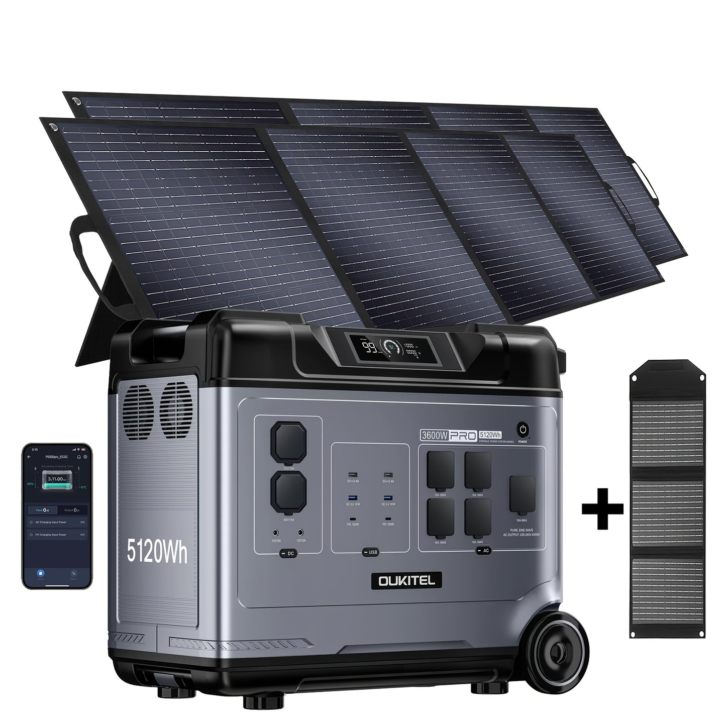 OUKITEL P5000 Pro 3600W Solar Generator, Optional 500W Solar Panels, 5120Wh Solar Power Station with 5 AC Outlets (5000W Peak), 1800W Fast Charging, Emergency Battery Backup for Home, Camping & RV (Free 30W Solar Panel)