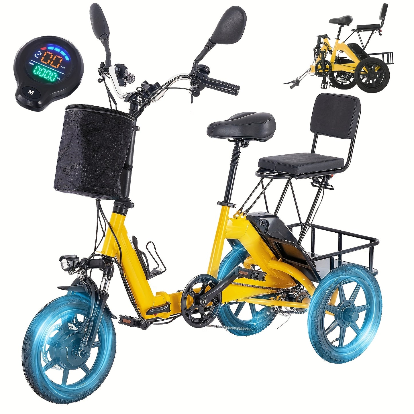 Foldable Electric Tricycle for Home Use, Adult Electric Tricycle, Electric Pedal Bike with 480WH Removable Battery, Dual Seats with Front And Back Baskets, Electric Tricycle for Transporting Kids And Elderly, 45 Miles 3 Riding Modes Etrike