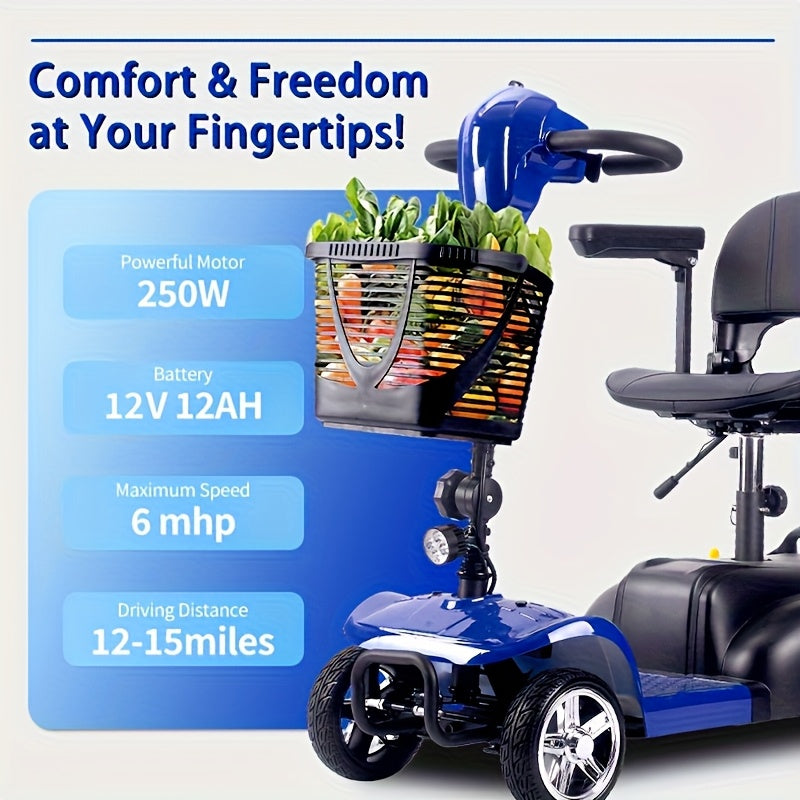 Mobility Aids for The, Four-wheel Foldable Mobility Scooters for Adults, 250w 12V, 12ah 15 Mile Long Range, with LED Headlights And A Detachable Storage Basket. Comes with A Tool Kit, Charger, And Instruction Manual.Holiday Surprise Gift