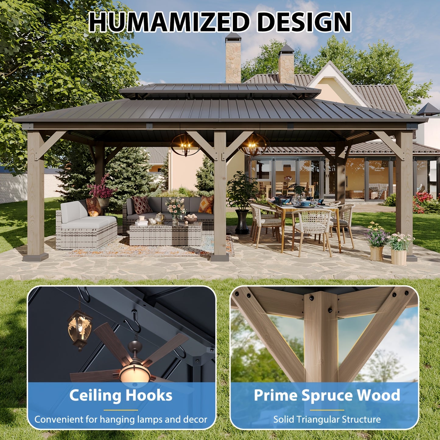 10' X 10' / 12' X 10' Outdoor Wooden Gazebo with Steel Double Roof, Cedar Pavilion for Patio, Garden And Backyard Use
