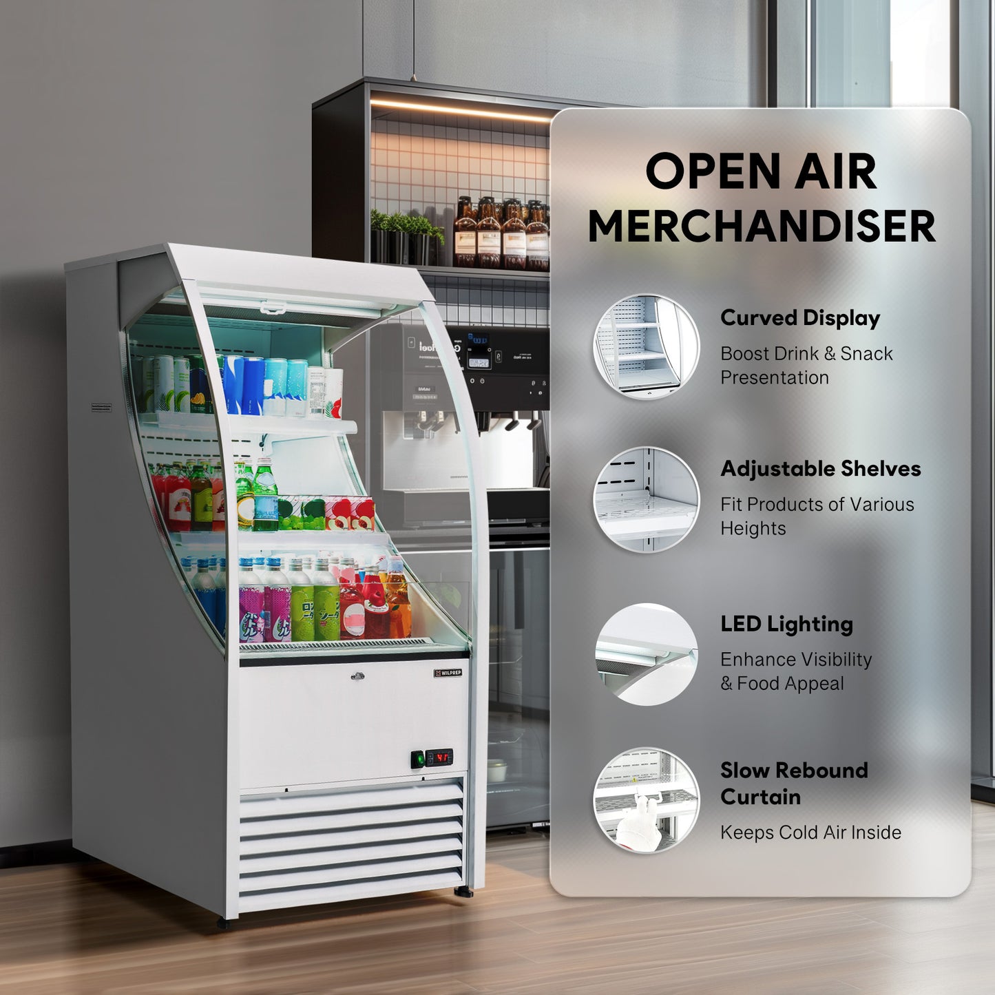 Refrigerator for Commercial Displays in Restaurants, a Grab-And-Go Showcase for Cafes And Shops, Featuring a 6.7 Cu. Ft. Capacity And a Vertical Air Curtain Design Measuring 27.6 Inches