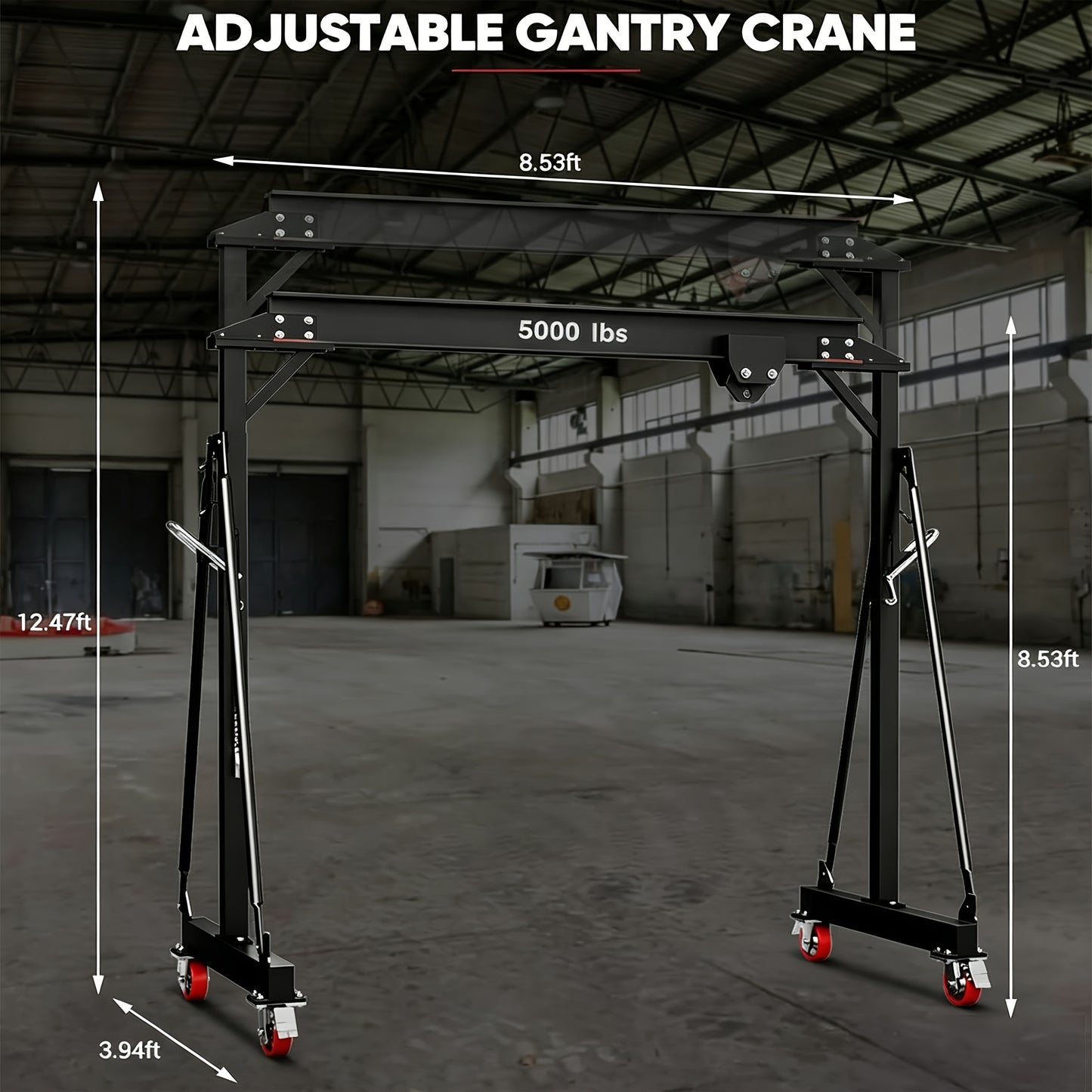 2 Ton 5000Lb Gantry Crane, Adjustable Height (8.2-12.57 FT), Maximum Width 9.06FT, Portable Shop Lift Hoist, Steel I-Beam Construction For Factories, Warehouses, Auto Repair, Construction Site