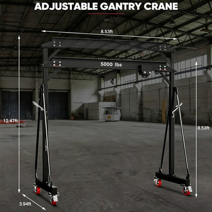 2 Ton 5000Lb Gantry Crane, Adjustable Height (8.2-12.57 FT), Maximum Width 9.06FT, Portable Shop Lift Hoist, Steel I-Beam Construction For Factories, Warehouses, Auto Repair, Construction Site