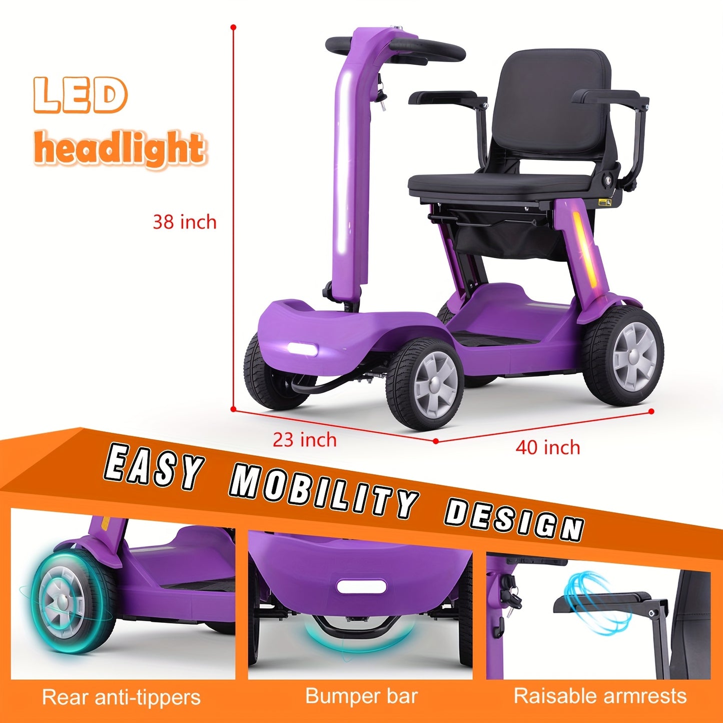 4-Wheel Electric Scooter for Adults And Seniors, 300W Motor, 24V 12Ah Battery, 4 MPH Max Speed, 10 Mile Range, Lightweight Foldable Travel Scooter with LED Lights, Storage Bag And Charger, No Assembly