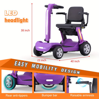 4-Wheel Electric Scooter for Adults And Seniors, 300W Motor, 24V 12Ah Battery, 4 MPH Max Speed, 10 Mile Range, Lightweight Foldable Travel Scooter with LED Lights, Storage Bag And Charger, No Assembly