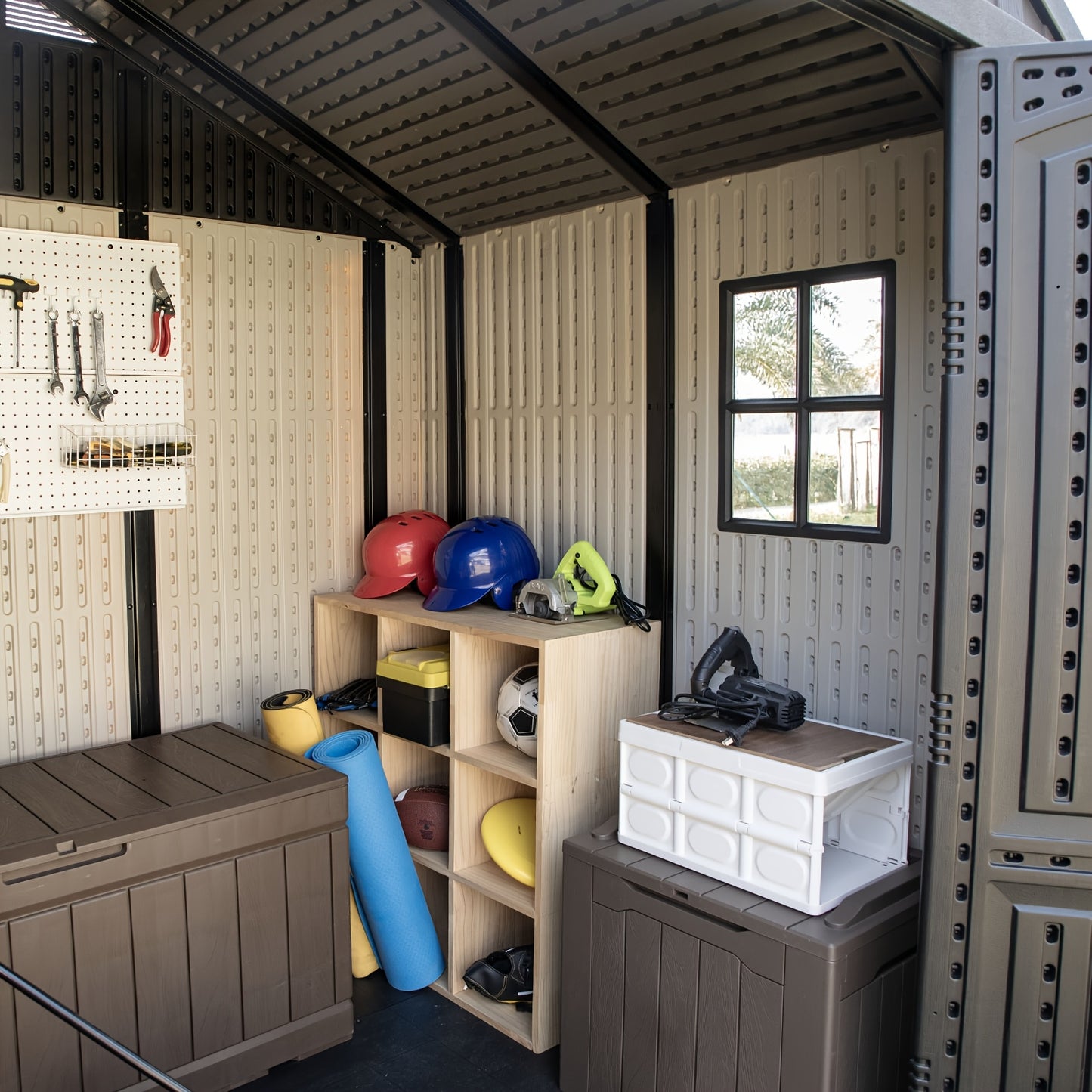 GUNJI 8X8 FT Outdoor Storage Shed with Lockable Door, Large 403 Cuft Resin Shed with Floor Roof Windows Vents, All-Weather Plastic Storage Shed Tool Organizer for Backyard Garden Patio Lawn