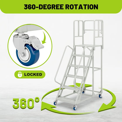 A 6-Step Rolling Ladder Measuring 24 Inches Wide And 90 Inches High, Featuring Dual Handrails And Lockable Wheels, Capable of Supporting Up to 1200 Pounds. This Heavy-Duty Mobile Platform Ladder Is Ideal for Use in Warehouses, Supermarkets