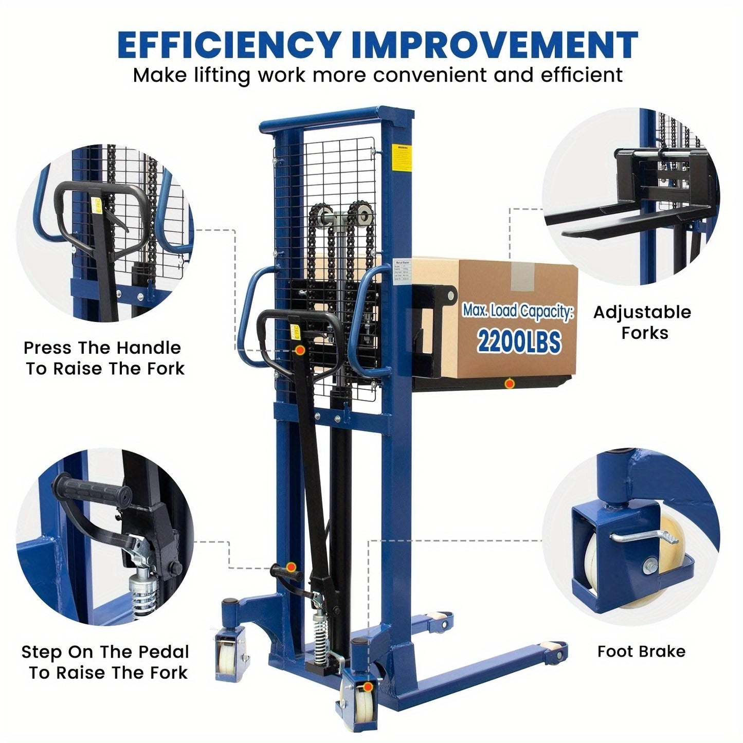 Manual Hydraulic Pallet Stacker 2200lbs Capacity 63" Lift Fixed Legs