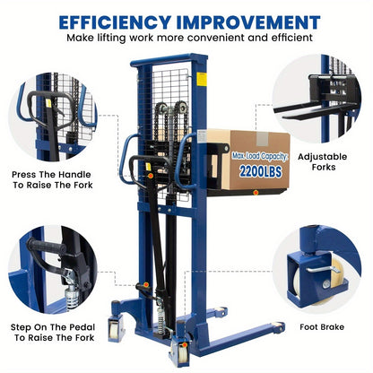 Manual Hydraulic Pallet Stacker 2200lbs Capacity 63" Lift Fixed Legs
