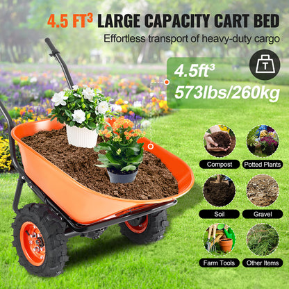 Electric Wheelbarrow Cart, 500W Powered Utility Garden Wagon Dump Cart, 4.5 Cu. Ft. Load & 573 lbs Capacity with Metal Handle & 16" Track Wheels, Two Wheel Barrow Yard Cart & Wagons for Lawn