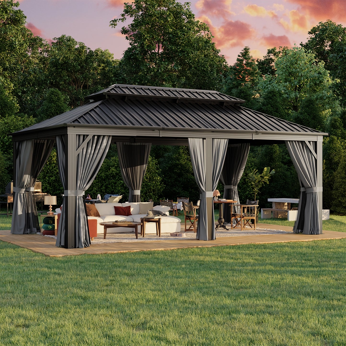 12' X 20' Outdoor Hardtop Gazebo, Aluminum Frame with Double Steel Roof, Privacy Curtain And Netting for Poolside, Backyard