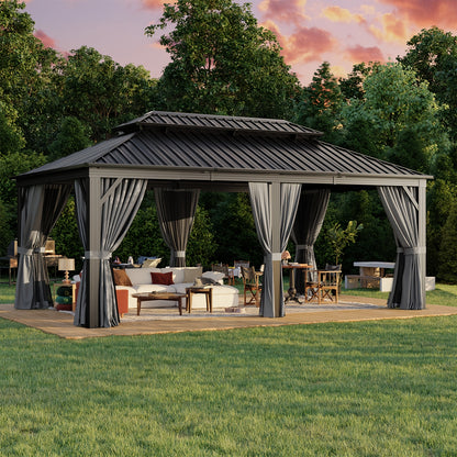 12' X 20' Outdoor Hardtop Gazebo, Aluminum Frame with Double Steel Roof, Privacy Curtain And Netting for Poolside, Backyard