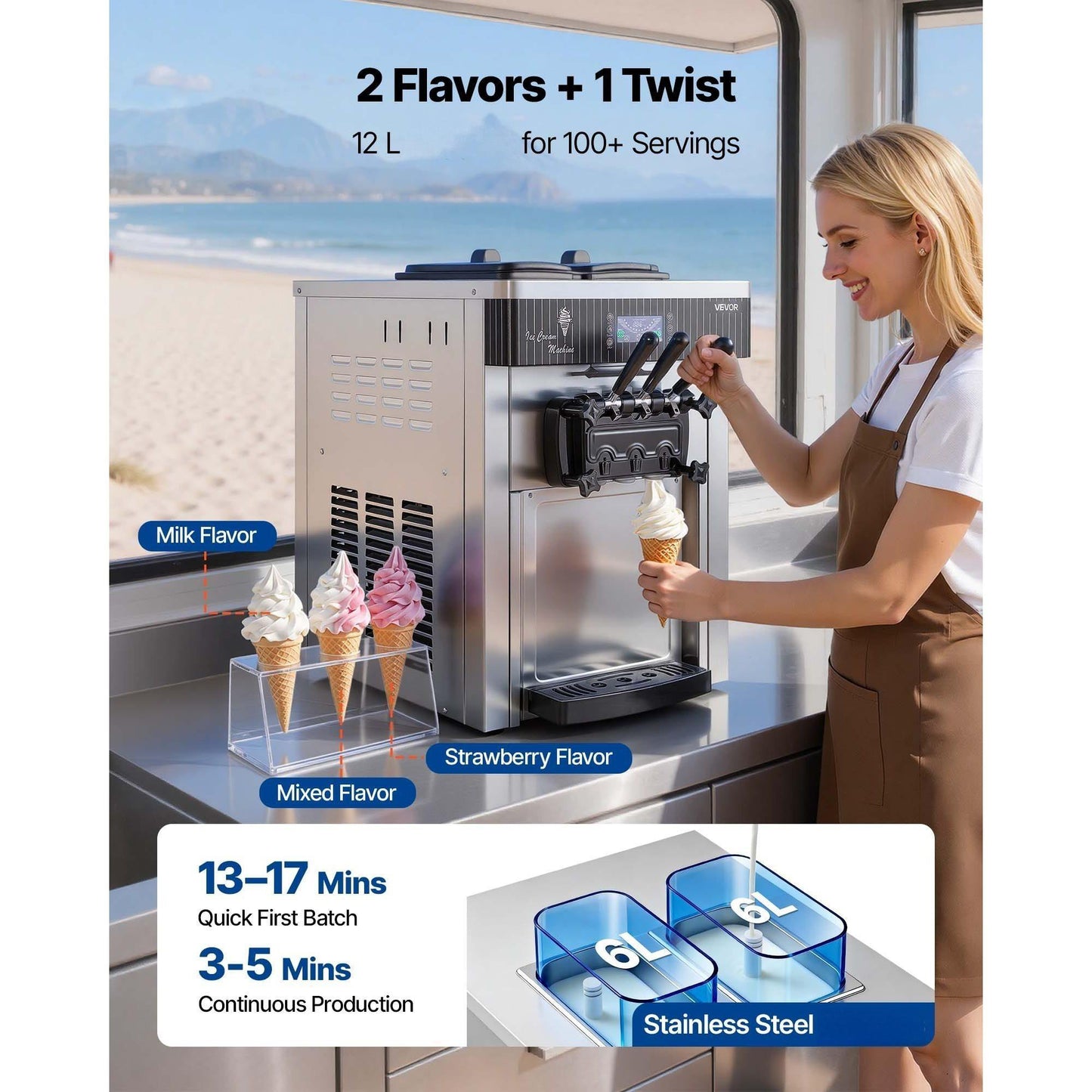 Commercial Ice Cream Machine, 20-28L/H Yield, 2200W 3-Flavor Countertop Soft Serve Ice Cream Maker, Pre-Cooling Self-Cleaning for Snack Dessert Shops