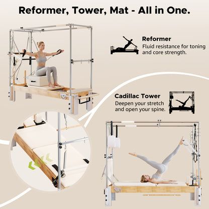 Premium 3-In-1 Wood Pilates Reformer with Cadillac Trapeze, 800Lb Capacity Home Gym System with Jumpboard, Sitting Box And Complete Set of Additions