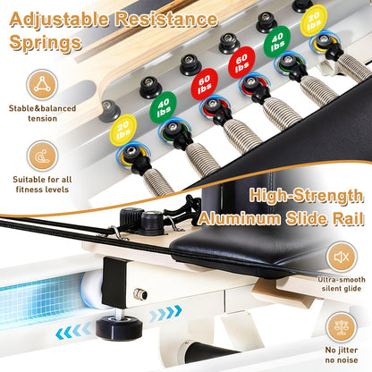 Pilates Reformer Machine, 95" Foldable Studio Grade Pilates Equipment with Adjustable Reformer Heights for Gym, Studio And Home, Pilates Reformer with Jump Board