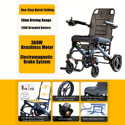 An Airline-compliant Electric Wheelchair. This Luxurious Lightweight Model Is Foldable with A Total Weight Of 13.8kg (30.4 LB). The 12AH Battery Achieves A 15km Range, Integrating Intelligent Anti-tip And Multiple Shock Absorption Features.