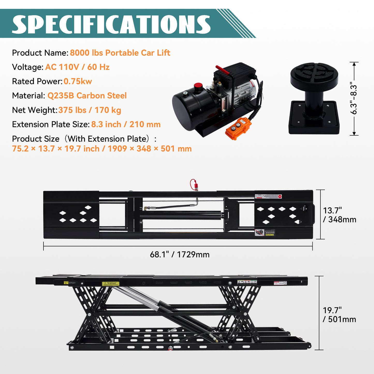Jocisland Portable Car Lift, Capable of Lifting 5000/7000/8000 LBS Quick Jack with a Maximum Height of 26", Car Lifts for Home Garage and Shop