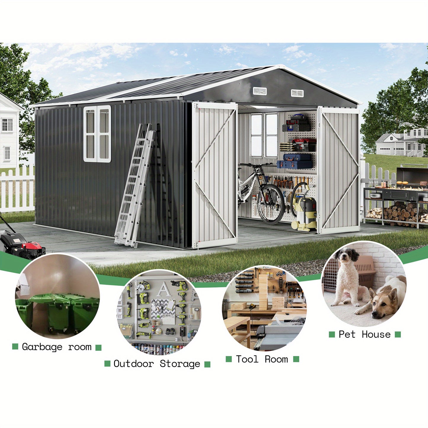Jocisland 10X12X7 FT Galvanized Steel Storage Shed with 2 4-Pane Windows Hinged Double Doors, Outdoor Shed for Backyard, Garden, Patio