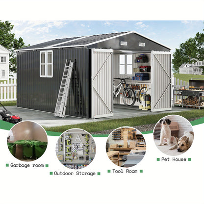 Jocisland 10X12X7 FT Galvanized Steel Storage Shed with 2 4-Pane Windows Hinged Double Doors, Outdoor Shed for Backyard, Garden, Patio
