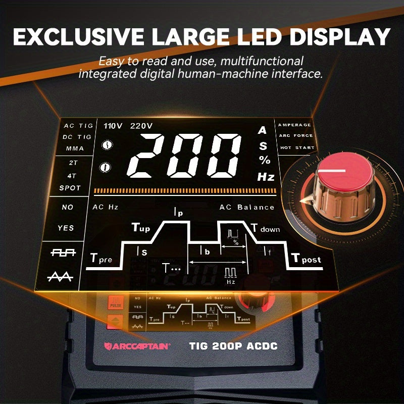 ARCCAPTAIN TigACDC Welder, 7-in-1 Welding Machine, TIG, DC Pulse TIG, AC TIG, AC Pulse TIG, AC Pulse TIG (Square Wave), AC Pulse TIG (Triangular Wave), STICK, And SPOT TIG. Voltage Input (110V/220V)
