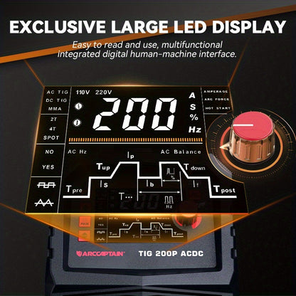 ARCCAPTAIN TigACDC Welder, 7-in-1 Welding Machine, TIG, DC Pulse TIG, AC TIG, AC Pulse TIG, AC Pulse TIG (Square Wave), AC Pulse TIG (Triangular Wave), STICK, And SPOT TIG. Voltage Input (110V/220V)
