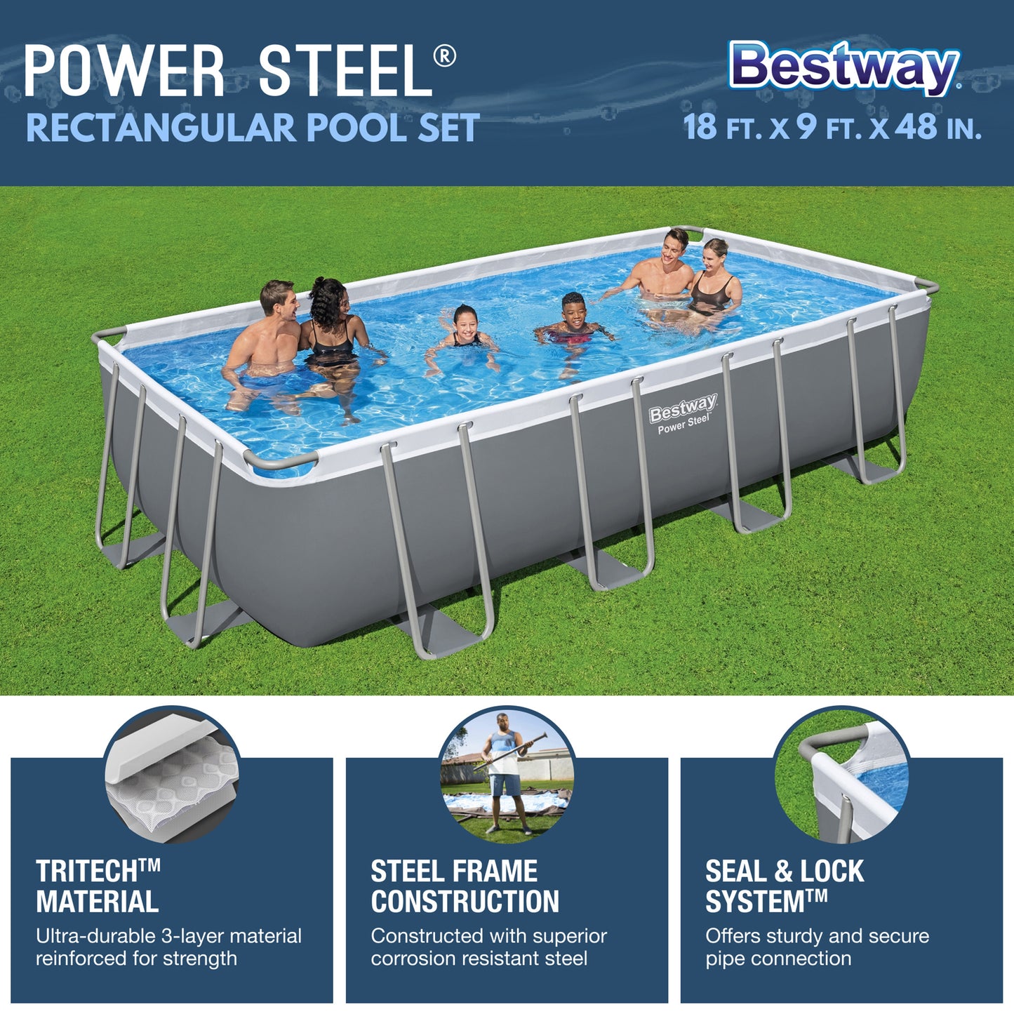 Bestway Power Steel Rectangular Metal Frame Above Ground Swimming Pool Set with 1500 GPH Sand Filter Pump, Ladder, and Pool Cover