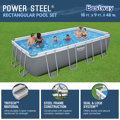 Bestway Power Steel Rectangular Metal Frame Above Ground Swimming Pool Set with 1500 GPH Sand Filter Pump, Ladder, and Pool Cover