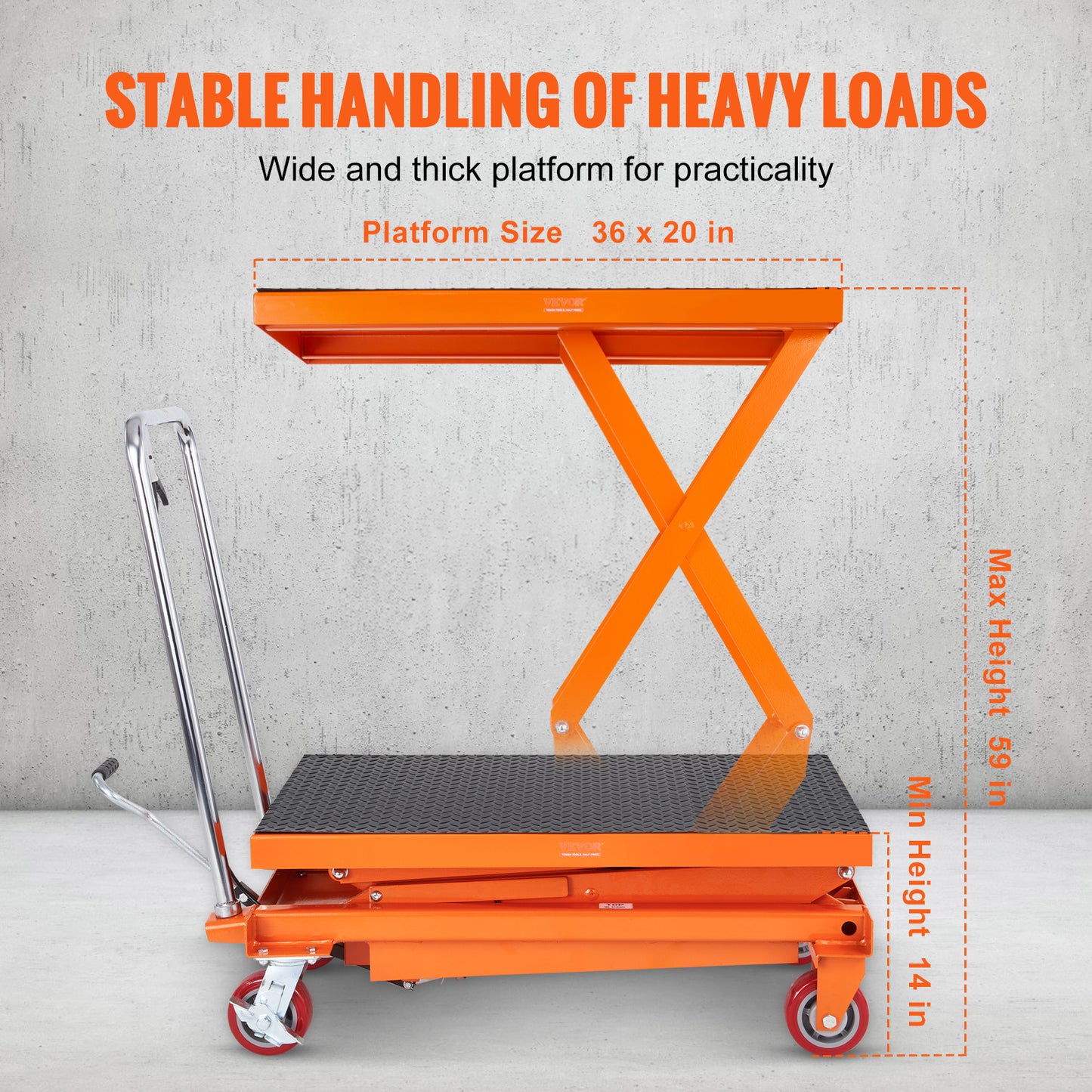 Hydraulic Lift Table Cart, 770/1760lbs Capacity 59" Lifting Height, Manual Double Scissor Lift Table with 4 Wheels and Non-slip Pad, Hydraulic Scissor Cart for Material Handling and Transportation