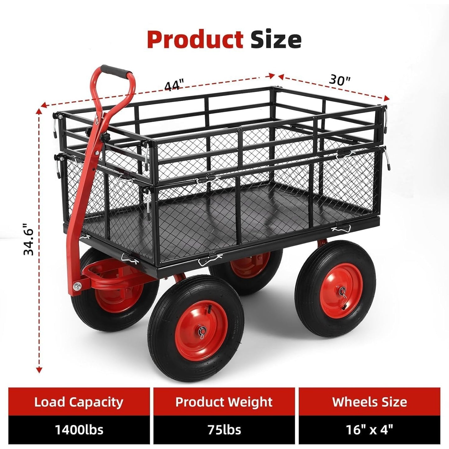 Heavy Duty Garden Utility Cart, Metal Dump Wagon with Removable Sides and 180° Rotating Handle, Yard Garden Cart on Wheels for Outdoor