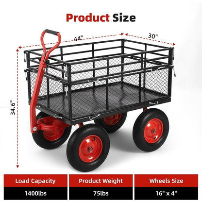 Heavy Duty Garden Utility Cart, Metal Dump Wagon with Removable Sides and 180° Rotating Handle, Yard Garden Cart on Wheels for Outdoor