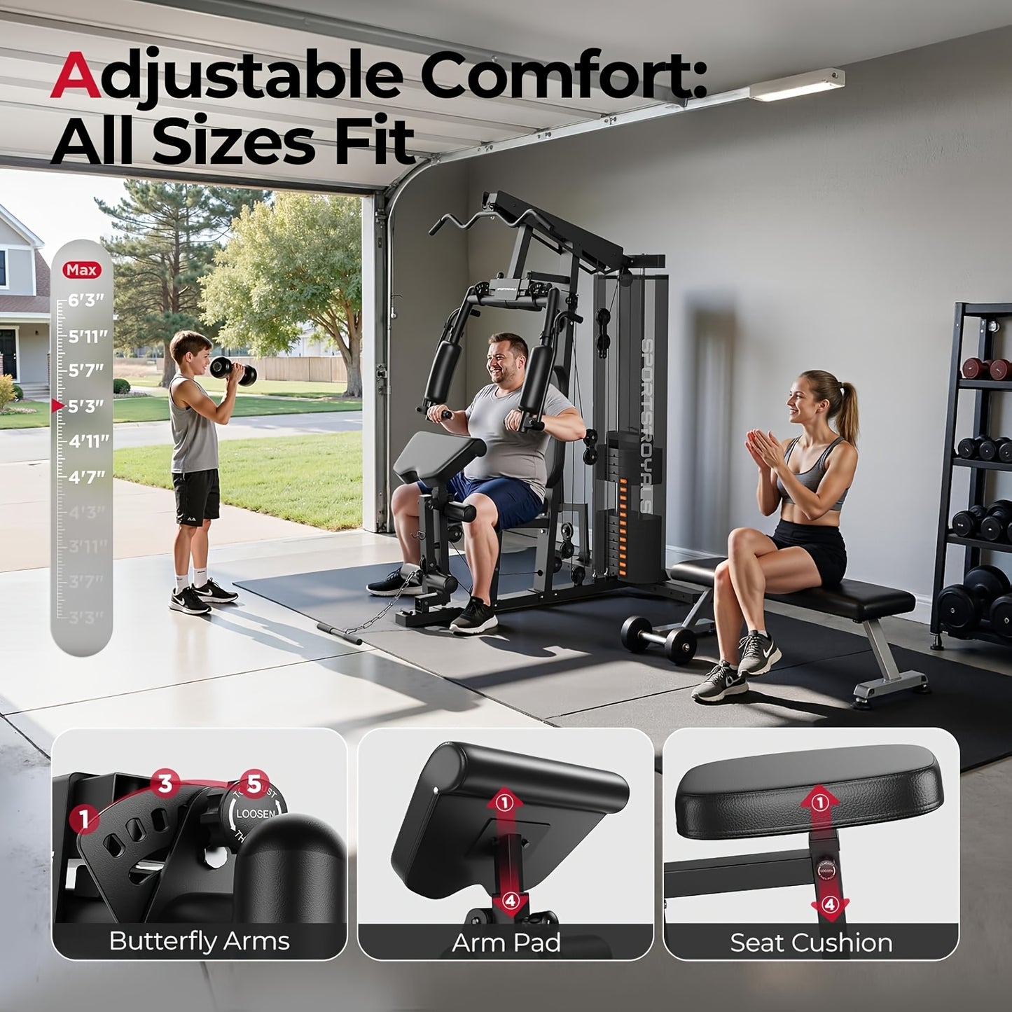 For Home Gym, Multifunctional Workout Station with Leg Press, 150LBS Weight Stack Full Body Workout Equipment for Home Exercise Fitness Strength Training. Suitable for Fitness Men/Women, Without Battery
