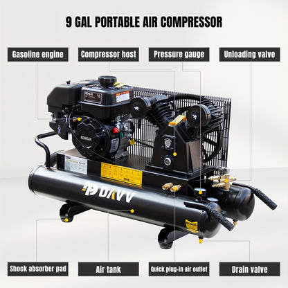 6.5HP Gas Powered Portable Air Compressor With 9 Gal Twin Tank, 12 CFM@125 PSI, Without Battery