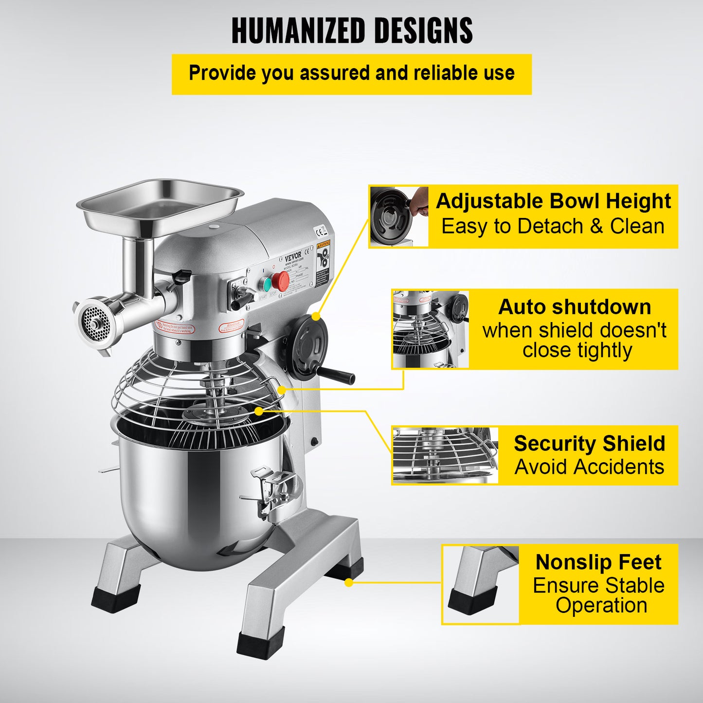 Commercial Stand Mixer, 20Qt Stainless Steel Bowl, 1100W 2 in 1 Multifunctional Electric Food Mixer with Meat Grinder & 3 Speeds, Dough Hook Whisk Beater Included, Perfect for Bakery Pizzeria
