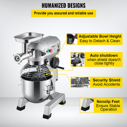 Commercial Stand Mixer, 20Qt Stainless Steel Bowl, 1100W 2 in 1 Multifunctional Electric Food Mixer with Meat Grinder & 3 Speeds, Dough Hook Whisk Beater Included, Perfect for Bakery Pizzeria