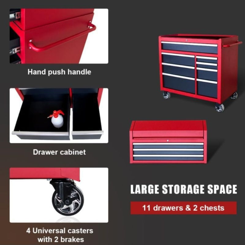 41 in. W x 24. 5 in. D Heavy Duty Rolling Tool Chests and Cabinets Combo, 20 Gauge Steel, 11-Drawer Garage Workshop Tool Chest and Top Tool Cabinet Set (11 Drawers - Red+Black)