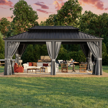 12' X 20' Outdoor Hardtop Gazebo, Aluminum Frame with Double Steel Roof, Privacy Curtain And Netting for Poolside, Backyard
