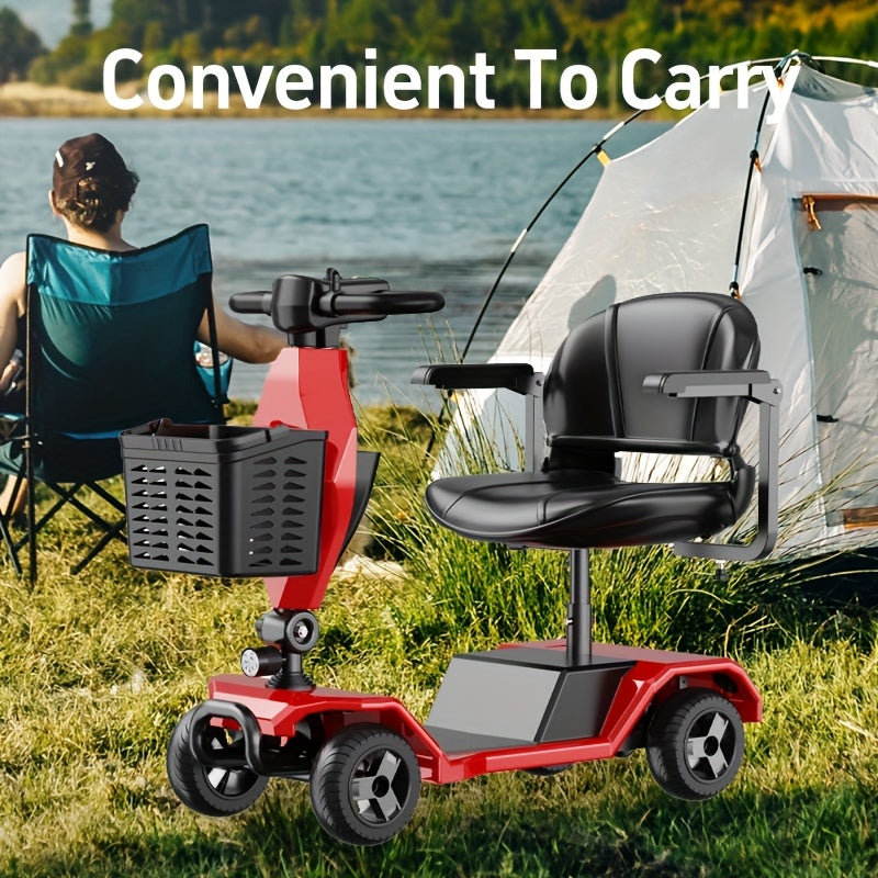 Foldable Four-Wheel Electric Bicycle Scooter, 250W Motor, 24V12A Battery, 15.5 Miles of Range, 8-Inch Solid Tires, 300-Pound Load-Bearing, Detachable Basket, Front Lights, 360-Degree Swivel Seat, Portable When Going Out, Perfect Gift
