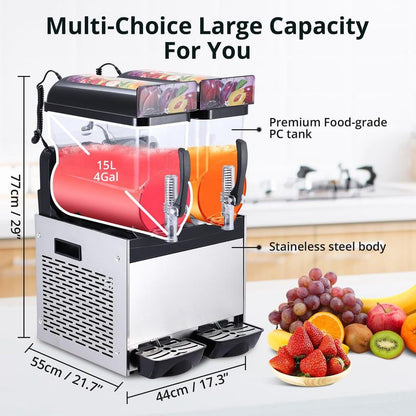 Commercial Slushie Machine - 15L*2 Dual Tank & Triple-Tank Available, Stainless Steel, Self-Cleaning & High-Speed Mixing, Perfect for Frozen Drinks, Margaritas, Coffee, Cocktails, Home, Bars,Black